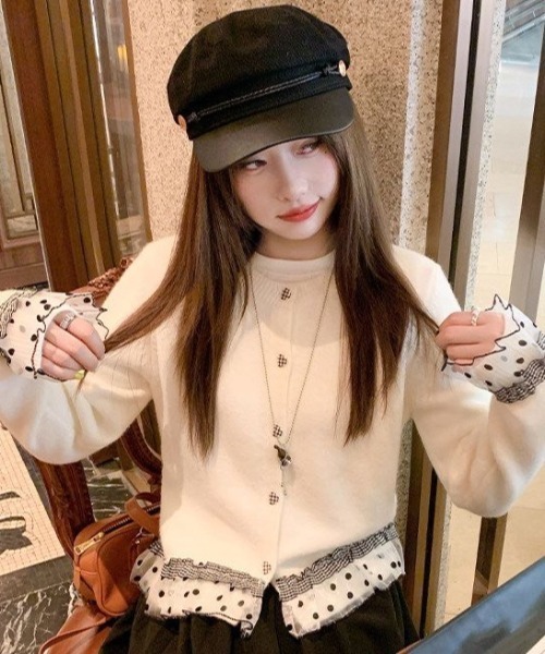 Teem Store(チームストア)の「ドットチュールフリルドッキング クルーネックニットカーディガン(ニット/セーター・レディース・ホワイト/グレー/ダークグレー・M)」の7枚目の写真