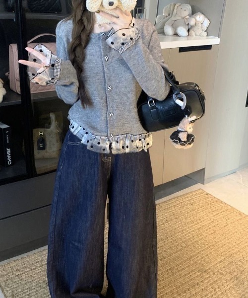 Teem Store(チームストア)の「ドットチュールフリルドッキング クルーネックニットカーディガン(ニット/セーター・レディース・ホワイト/グレー/ダークグレー・M)」の12枚目の写真