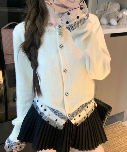 Teem Store(チームストア)の「ドットチュールフリルドッキング クルーネックニットカーディガン(ニット/セーター・レディース・ホワイト/グレー/ダークグレー・M)」の19枚目の写真