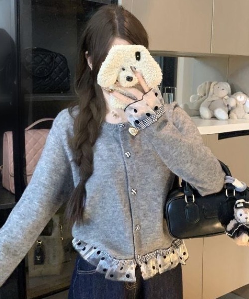 Teem Store(チームストア)の「ドットチュールフリルドッキング クルーネックニットカーディガン(ニット/セーター・レディース・ホワイト/グレー/ダークグレー・M)」の21枚目の写真