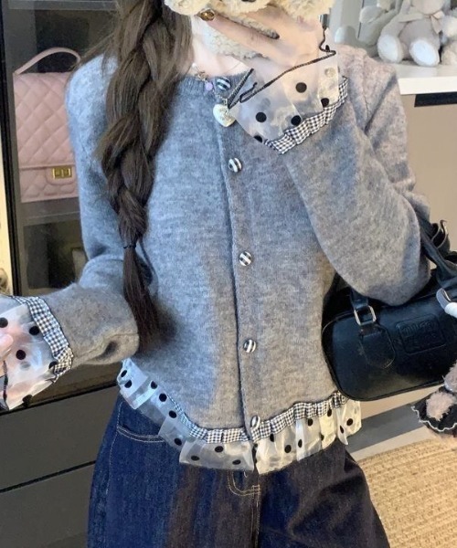 Teem Store(チームストア)の「ドットチュールフリルドッキング クルーネックニットカーディガン(ニット/セーター・レディース・ホワイト/グレー/ダークグレー・M)」の9枚目の写真