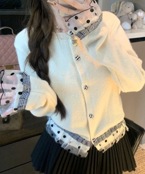 Teem Store(チームストア)の「ドットチュールフリルドッキング クルーネックニットカーディガン(ニット/セーター・レディース・ホワイト/グレー/ダークグレー・M)」の8枚目の写真