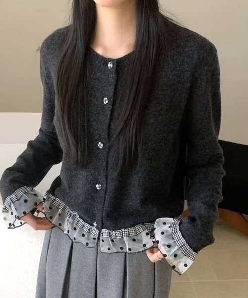 Teem Store(チームストア)の「ドットチュールフリルドッキング クルーネックニットカーディガン(ニット/セーター・レディース・ホワイト/グレー/ダークグレー・M)」の14枚目の写真