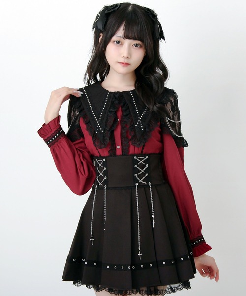 DearMyLove(ディアマイラブ)の「角襟クロススタッズ十字架レースチェーンブラウス(シャツ/ブラウス・レディース・ブラック/パープル/ボルドー・MEDIUM/LARGE/3L)」の3枚目の写真