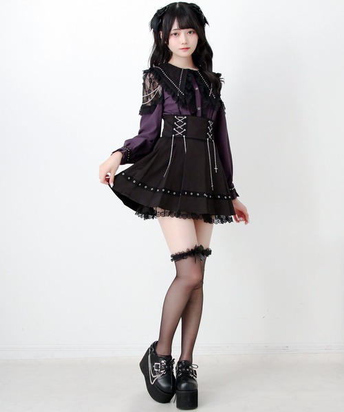 DearMyLove(ディアマイラブ)の「角襟クロススタッズ十字架レースチェーンブラウス(シャツ/ブラウス・レディース・ブラック/パープル/ボルドー・MEDIUM/LARGE/3L)」の5枚目の写真