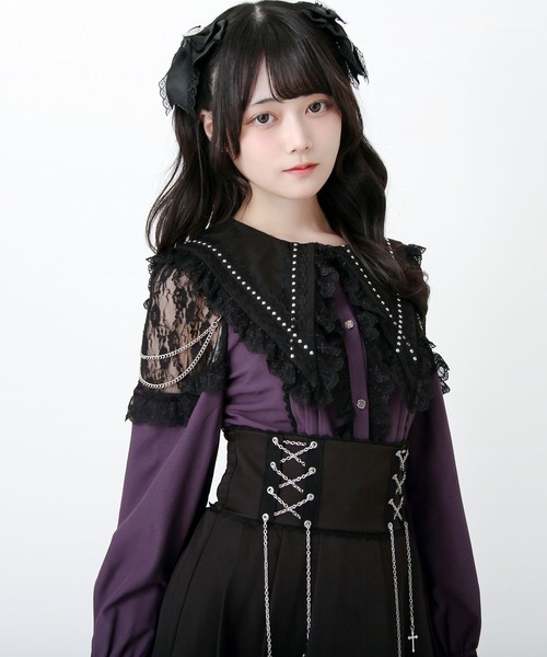 DearMyLove(ディアマイラブ)の「角襟クロススタッズ十字架レースチェーンブラウス(シャツ/ブラウス・レディース・ブラック/パープル/ボルドー・MEDIUM/LARGE/3L)」の7枚目の写真