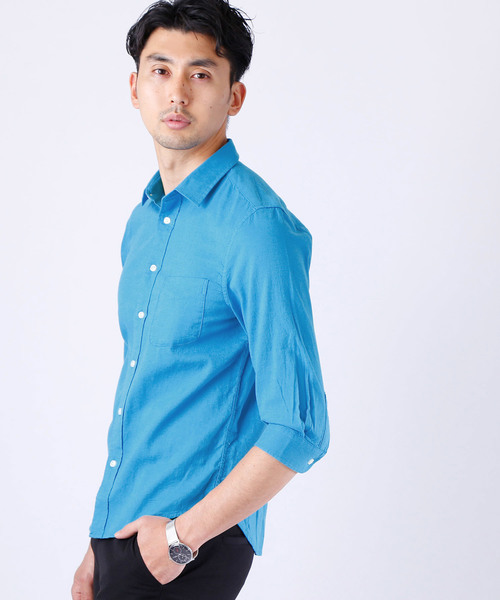 MONO-MART(モノマート)の「ストレッチ綿麻クオーターシャツ LINEN×COTTON(シャツ/ブラウス・メンズ・ホワイト/ブラック/カーキ/ダークグリーン/ネイビー/グレー系その他/ミント/ブルー系その他/ターコイズブルー/ライトイエロー/ピンク系その他/オレンジ系その他/ブルー系その他2/ロイヤルブルー/ライトピンク/ワイン・L/LL/M)」の9枚目の写真