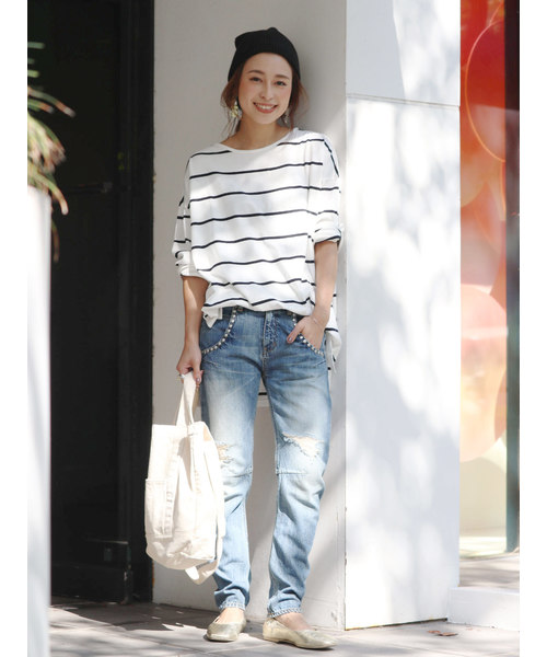 Ungrid（アングリッド）の「クルーネックサイドスリットボーダーロングスリーブTee（Tシャツ/カットソー・レディース・ブラウン系その他/ホワイト×ネイビー/ホワイト×カーキブラウン/ネイビー×ホワイト・マルチサイズ）」の7枚目の写真
