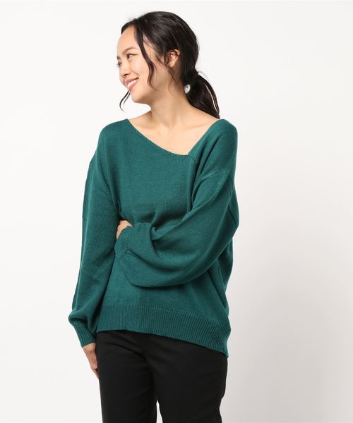 STYLEBLOCK（スタイルブロック）の「アシメネックボリューム袖ビッグシルエットニットセーター（ニット/セーター・レディース・ブラック/ダークグリーン/ブラウン/オフホワイト/ブラウン系その他・M）」の5枚目の写真