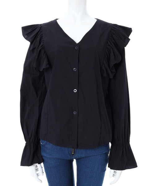 fifth（フィフス）の「ショルダーフリルVネックブラウス（シャツ/ブラウス・レディース・ブラック/ホワイト・MEDIUM）」の8枚目の写真