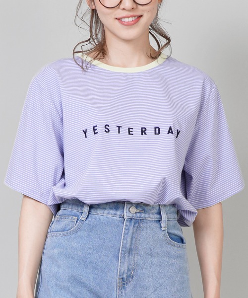 SPINNS（スピンズ）の「【ゆったりシルエット】ワンポイントロゴ マルチボーダーリンガーTシャツ（Tシャツ/カットソー・レディース・ベージュ/パープル/サックスブルー/ホワイト×ブラック・ONESIZE）」の4枚目の写真