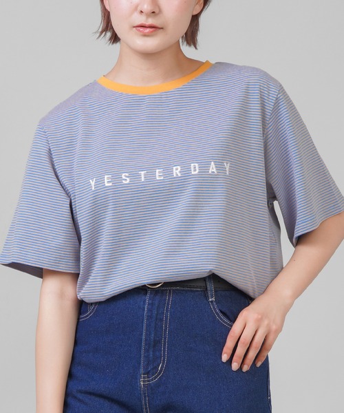 SPINNS（スピンズ）の「【ゆったりシルエット】ワンポイントロゴ マルチボーダーリンガーTシャツ（Tシャツ/カットソー・レディース・ベージュ/パープル/サックスブルー/ホワイト×ブラック・ONESIZE）」の3枚目の写真