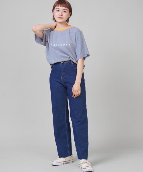 SPINNS（スピンズ）の「【ゆったりシルエット】ワンポイントロゴ マルチボーダーリンガーTシャツ（Tシャツ/カットソー・レディース・ベージュ/パープル/サックスブルー/ホワイト×ブラック・ONESIZE）」の5枚目の写真