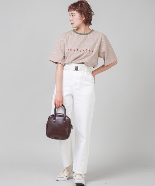 SPINNS（スピンズ）の「【ゆったりシルエット】ワンポイントロゴ マルチボーダーリンガーTシャツ（Tシャツ/カットソー・レディース・ベージュ/パープル/サックスブルー/ホワイト×ブラック・ONESIZE）」の8枚目の写真