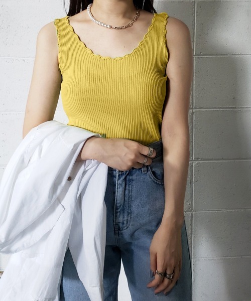 me+em select（ミームセレクト）の「【 8COLOR 】リブニットスカラップカラータンクトップ（タンクトップ・レディース・ベージュ/ブラック/ブラウン/ピンク/ミント/ブルー/イエロー/ホワイト・FREE）」の7枚目の写真