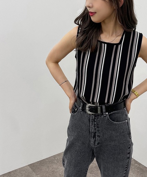 apres jour mignon（アプレジュールミニョン）の「マルチストライプリブタンク【ZOZOTOWN限定アイテム】（タンクトップ・レディース・グリーン系その他3/アイボリー/ブルー系その他/ブラック系その他・フリー/X-LARGE）」の2枚目の写真