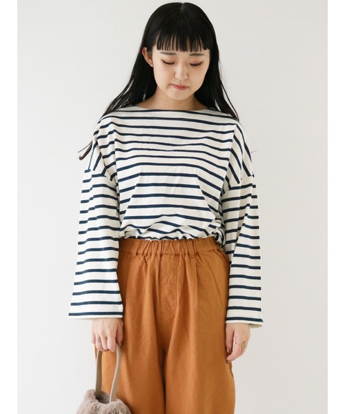 Samansa Mos2(サマンサ モスモス)の「ボーダーバスクシャツ(Tシャツ/カットソー・レディース・オフホワイト/オレンジ/チャコール/ブルー/ベージュ/ボルドー・フリ-)」の2枚目の写真