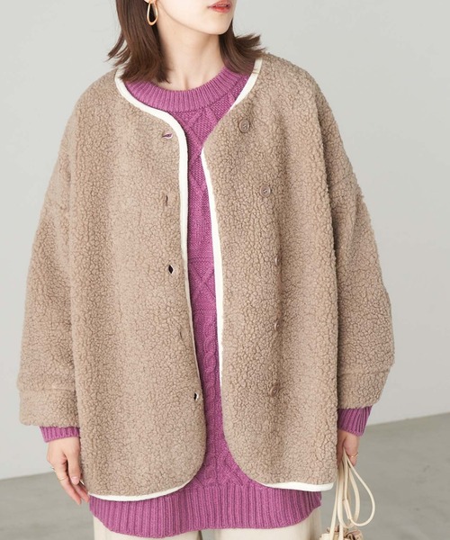 Chaco closet（チャコ クローゼット）の「プードルボアパイピングノーカラーショートコート（ノーカラーコート・レディース・ブラック/ベージュ/カーキ・FREE）」の3枚目の写真