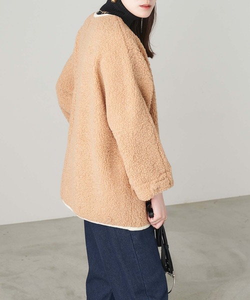 Chaco closet（チャコ クローゼット）の「プードルボアパイピングノーカラーショートコート（ノーカラーコート・レディース・ブラック/ベージュ/カーキ・FREE）」の9枚目の写真