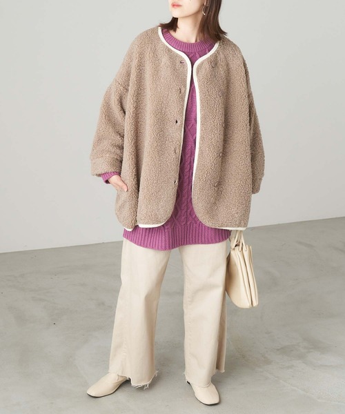 Chaco closet（チャコ クローゼット）の「プードルボアパイピングノーカラーショートコート（ノーカラーコート・レディース・ブラック/ベージュ/カーキ・FREE）」の11枚目の写真