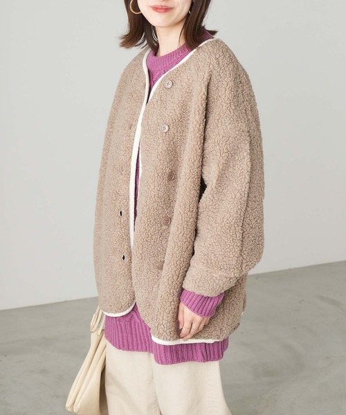 Chaco closet（チャコ クローゼット）の「プードルボアパイピングノーカラーショートコート（ノーカラーコート・レディース・ブラック/ベージュ/カーキ・FREE）」の13枚目の写真