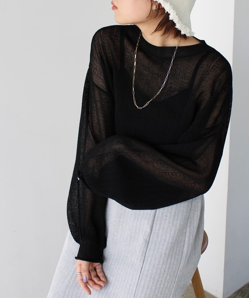 GeeRA(ジーラ)の「シアー素材ショートニット(ニット/セーター・レディース・ブラック/アイボリー/ライトグリーン・MEDIUM)」の2枚目の写真