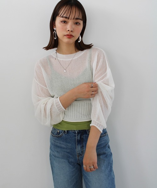 GeeRA(ジーラ)の「シアー素材ショートニット(ニット/セーター・レディース・ブラック/アイボリー/ライトグリーン・MEDIUM)」の5枚目の写真