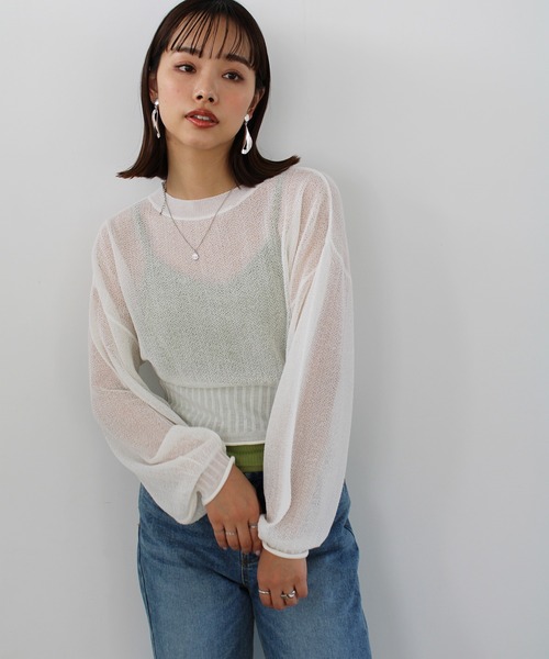 GeeRA(ジーラ)の「シアー素材ショートニット(ニット/セーター・レディース・ブラック/アイボリー/ライトグリーン・MEDIUM)」の4枚目の写真