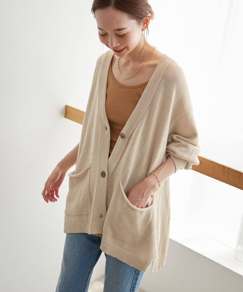 SLOBE IENA（スローブイエナ）の「《追加》テープヤーンニットカーディガン（カーディガン/ボレロ・メンズ・ベージュ/チャコールグレー・FREE）」の2枚目の写真