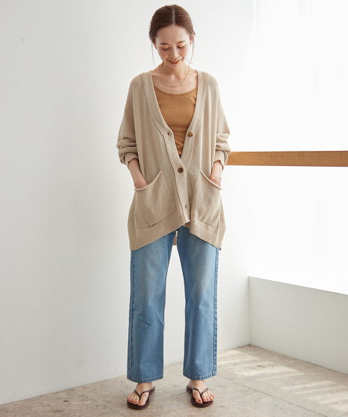 conte コンテ テープヤーン ベージュ長袖ニットカーディガン conte