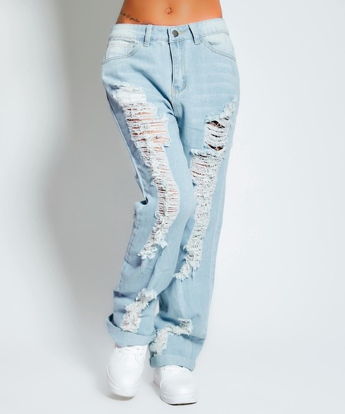 babyShoop（ベイビーシュープ）の「ハードクラッシュデニムワイドパンツ（デニムパンツ・レディース・ブルー・SMALL/LARGE/MEDIUM）」の4枚目の写真