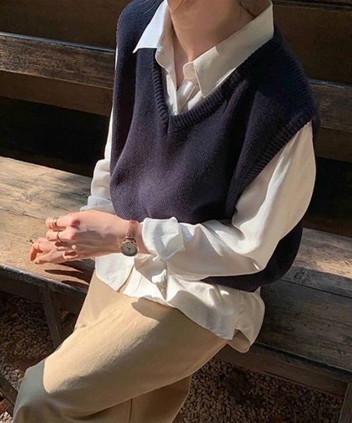 Cham.（チャム）の「シンプルＶネックベスト（ベスト・レディース・ブラック/ネイビー/ブラウン/マスタード/ピンク・F）」の13枚目の写真