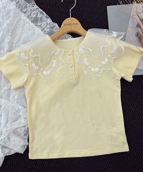 リボン刺繍襟半袖Tシャツ