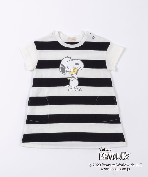 trois lapins kp(トロワラパンケーピー)の「【PEANUTS】スヌーピーコラボ ボーダーワンピース(80~90)(ワンピース・キッズ・ブラック/グリーン・90cm/80cm)」の2枚目の写真