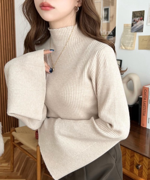 moment+(モーメントプラス)の「【累計販売枚数1万枚突破!】12G プチハイネックフレアスリーブリブニットプルオーバー(ニット/セーター・レディース・ブラック/アイボリー/ナチュラル/ダークグリーン/ブルー/ボルドー/チャコールグレー/杢グレー/ブラウン系その他/ブラウン・M/L)」の8枚目の写真