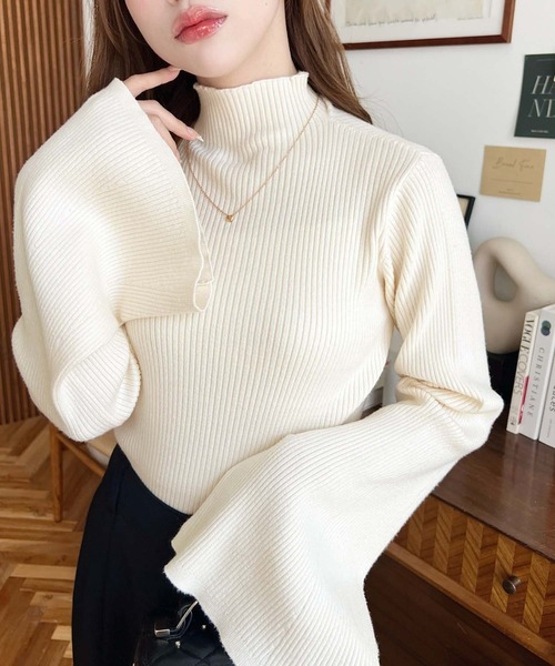 moment+(モーメントプラス)の「【累計販売枚数1万枚突破!】12G プチハイネックフレアスリーブリブニットプルオーバー(ニット/セーター・レディース・ブラック/アイボリー/ナチュラル/ダークグリーン/ブルー/ボルドー/チャコールグレー/杢グレー/ブラウン系その他/ブラウン・M/L)」の17枚目の写真