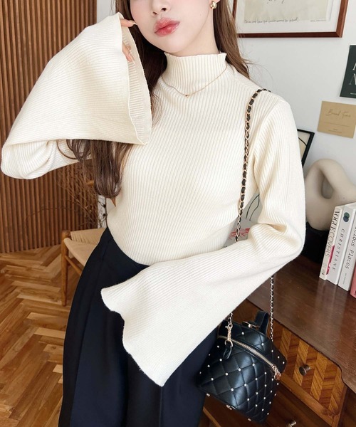 moment+(モーメントプラス)の「【累計販売枚数1万枚突破!】12G プチハイネックフレアスリーブリブニットプルオーバー(ニット/セーター・レディース・ブラック/アイボリー/ナチュラル/ダークグリーン/ブルー/ボルドー/チャコールグレー/杢グレー/ブラウン系その他/ブラウン・M/L)」の16枚目の写真