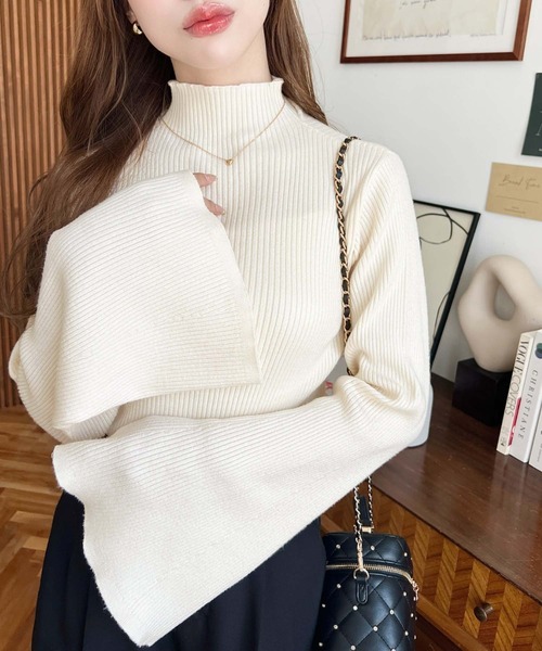 moment+(モーメントプラス)の「【累計販売枚数1万枚突破!】12G プチハイネックフレアスリーブリブニットプルオーバー(ニット/セーター・レディース・ブラック/アイボリー/ナチュラル/ダークグリーン/ブルー/ボルドー/チャコールグレー/杢グレー/ブラウン系その他/ブラウン・M/L)」の14枚目の写真