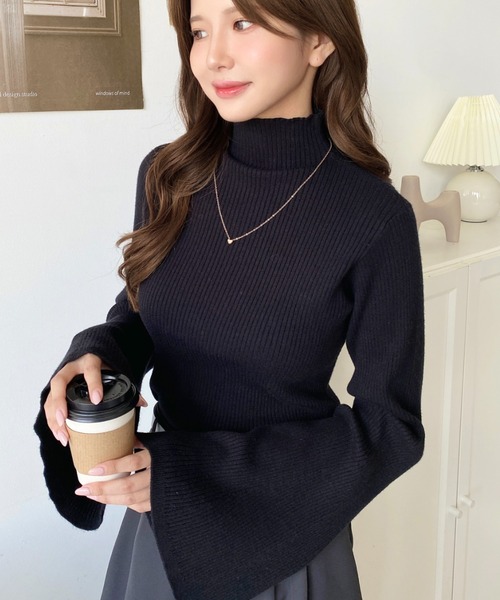 最終価格‼️9/30まで‼️mame kurogouchi フレア袖リブニット セール】【累計販売枚数1万枚突破！】12G プチハイネックフレア