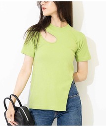 テレコリブカットアウトアシンメトリーヘムトップスTシャツ