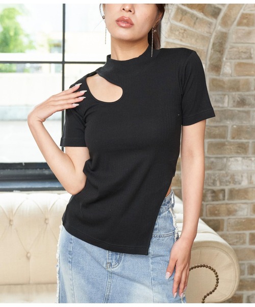 ANAP（アナップ）の「テレコリブカットアウトアシンメトリーヘムトップスTシャツ（Tシャツ/カットソー・レディース・イエロー×グリーン/ブラック/オフホワイト・FREE）」の3枚目の写真