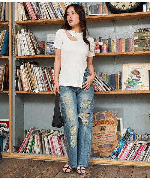 ANAP（アナップ）の「テレコリブカットアウトアシンメトリーヘムトップスTシャツ（Tシャツ/カットソー・レディース・イエロー×グリーン/ブラック/オフホワイト・FREE）」の6枚目の写真