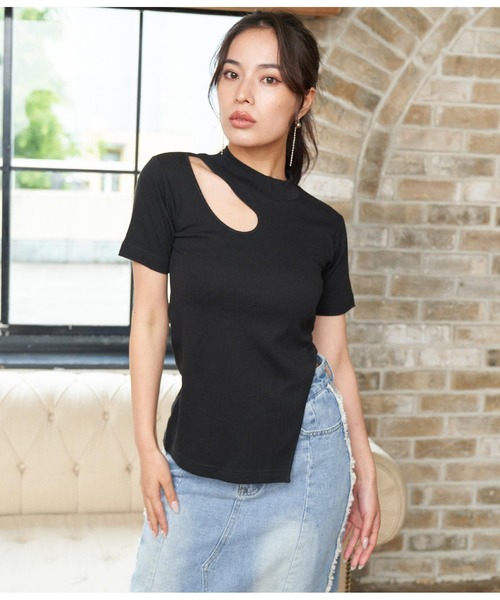 ANAP（アナップ）の「テレコリブカットアウトアシンメトリーヘムトップスTシャツ（Tシャツ/カットソー・レディース・イエロー×グリーン/ブラック/オフホワイト・FREE）」の9枚目の写真