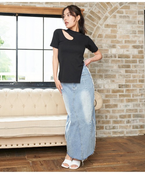 ANAP（アナップ）の「テレコリブカットアウトアシンメトリーヘムトップスTシャツ（Tシャツ/カットソー・レディース・イエロー×グリーン/ブラック/オフホワイト・FREE）」の10枚目の写真