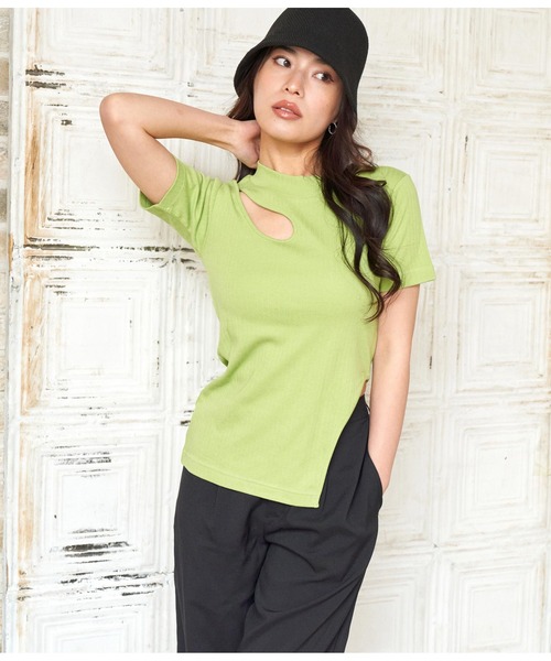 ANAP（アナップ）の「テレコリブカットアウトアシンメトリーヘムトップスTシャツ（Tシャツ/カットソー・レディース・イエロー×グリーン/ブラック/オフホワイト・FREE）」の12枚目の写真