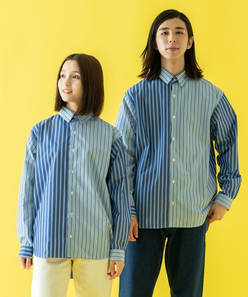 【セール】クレイジーパターン リラックスワイドヨークシャツ＜ブルーストライプ＞（シャツ/ブラウス）｜BRICK & SONS（ブリックアンドサンズ）