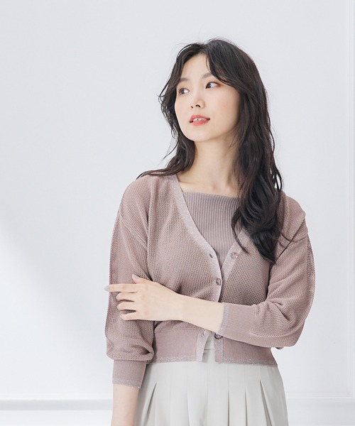 12Twelve Agenda（トゥエルブ　アジェンダ）の「Vネックメッシュ編みニットカーディガン（カーディガン/ボレロ・レディース・ライトグレー/ベージュ・M）」の3枚目の写真