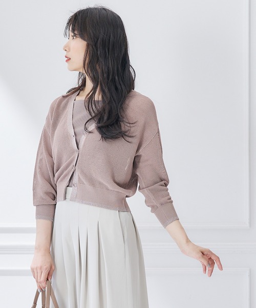 12Twelve Agenda（トゥエルブ　アジェンダ）の「Vネックメッシュ編みニットカーディガン（カーディガン/ボレロ・レディース・ライトグレー/ベージュ・M）」の6枚目の写真