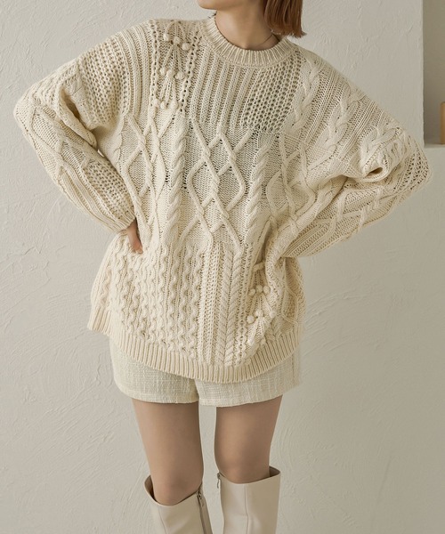 Ambre Neige（アンブルネージュ）の「手編み風ポンポンケーブルニット／WEB/EC限定商品（ニット/セーター・レディース・ベージュ/ピンクベージュ/ダークブラウン/アイボリー・FREE）」の11枚目の写真