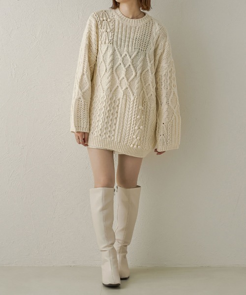 Ambre Neige（アンブルネージュ）の「手編み風ポンポンケーブルニット／WEB/EC限定商品（ニット/セーター・レディース・ベージュ/ピンクベージュ/ダークブラウン/アイボリー・FREE）」の12枚目の写真